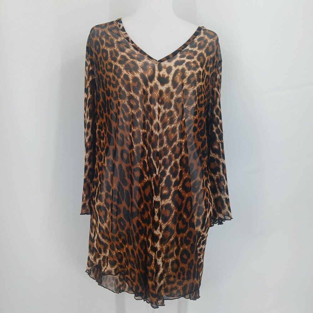 Jordan Taylor Womens Small Leopard Print Mesh Sheer Tunic Cover Up Top dress